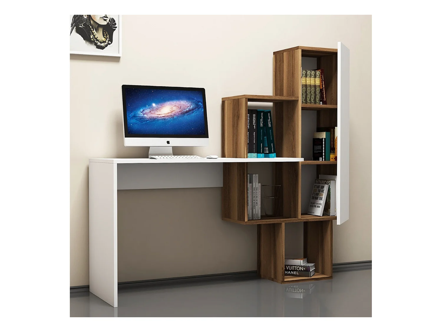 Bureau fonctionnel 6 rangements - bois et blanc TURKU