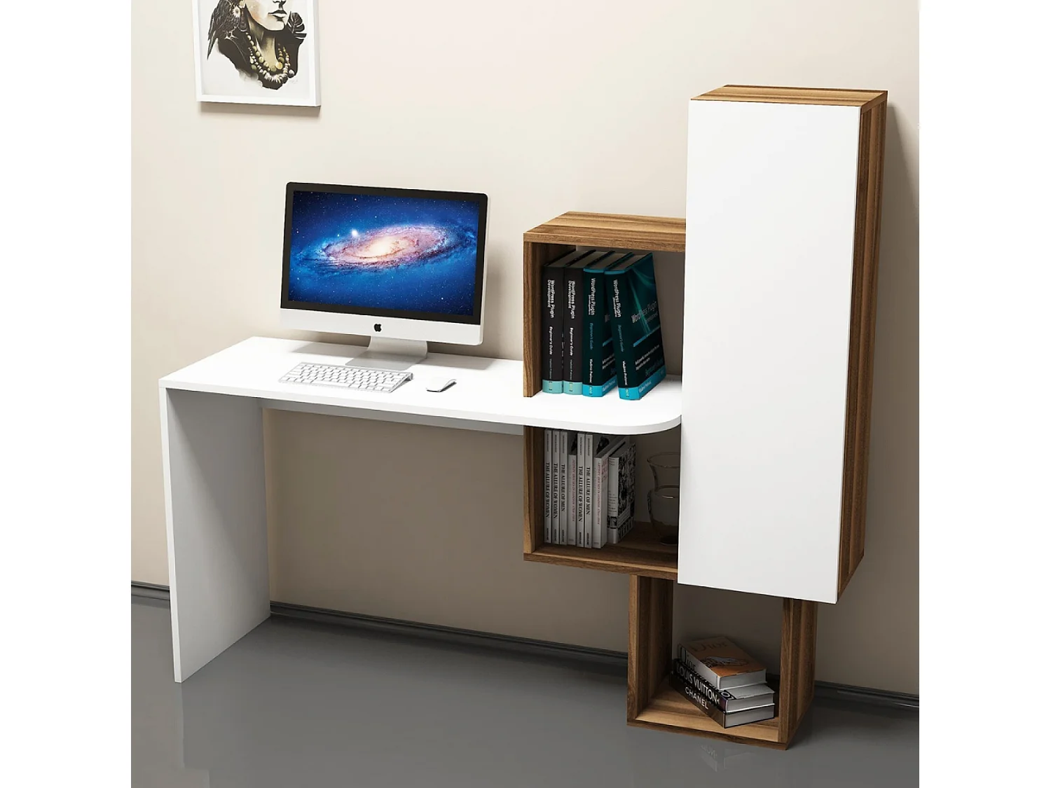 Functioneel bureau met 6 houten en witte opbergvakken - Eigentijds design - Groot werkoppervlak