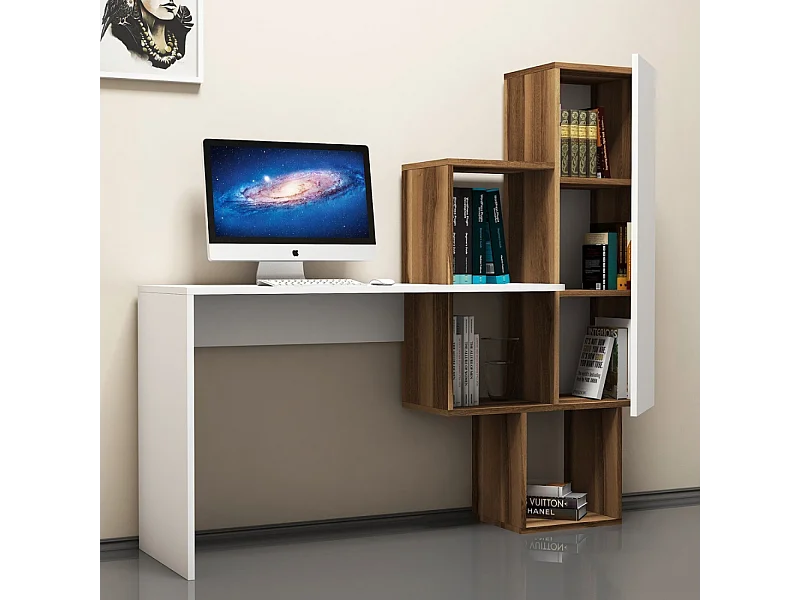 Bureau fonctionnel 6 rangements - bois et blanc TURKU