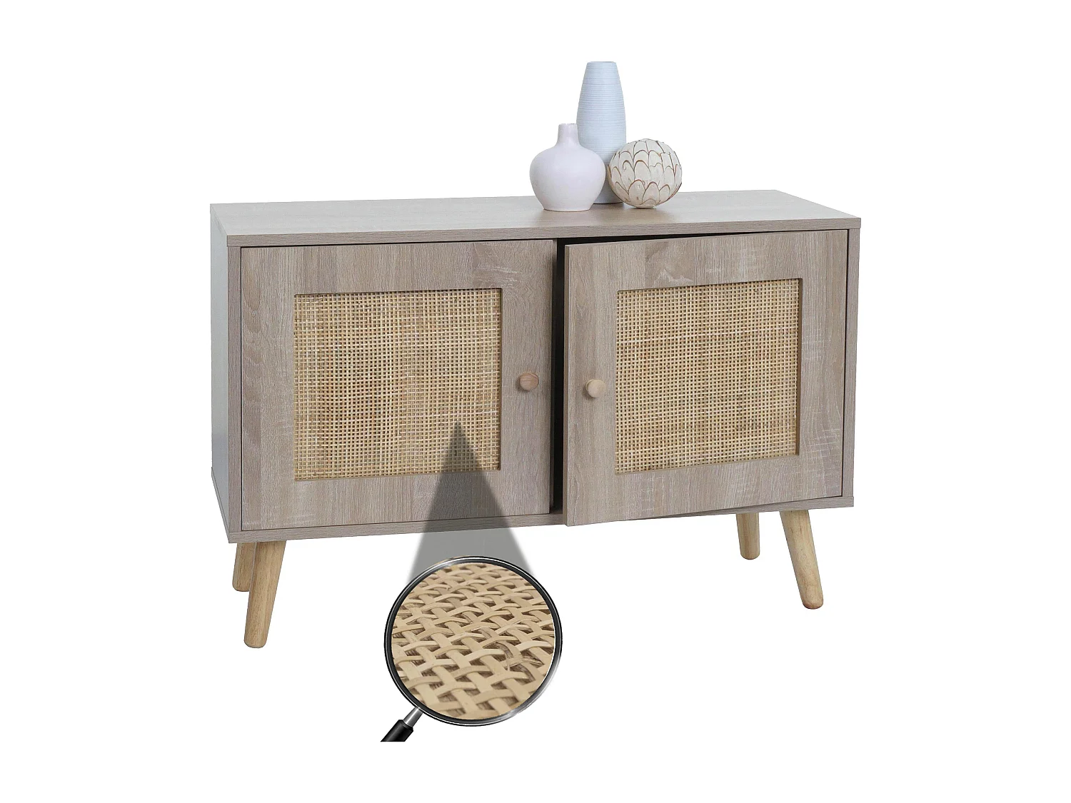 Comodino MCW-M40, credenza mobile alto, vani portaoggetti, melamina legno Kubu rattan, colore rovere