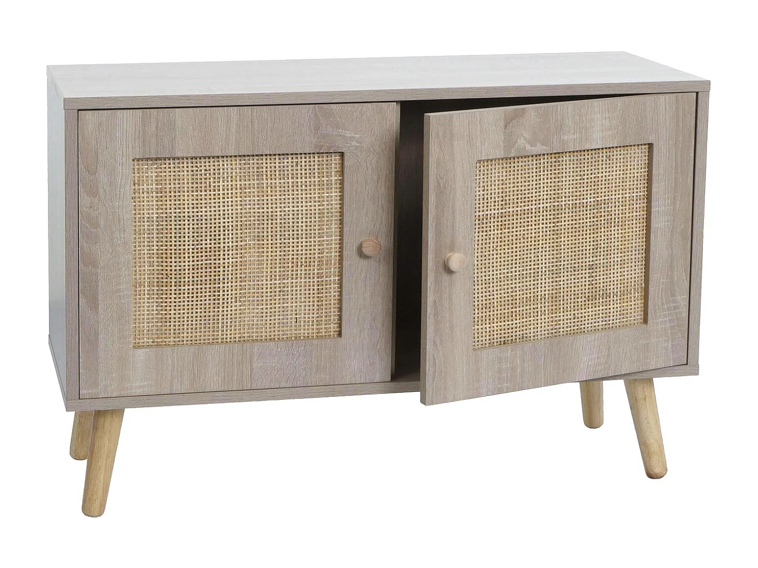 Comodino MCW-M40, credenza mobile alto, vani portaoggetti, melamina legno Kubu rattan, colore rovere