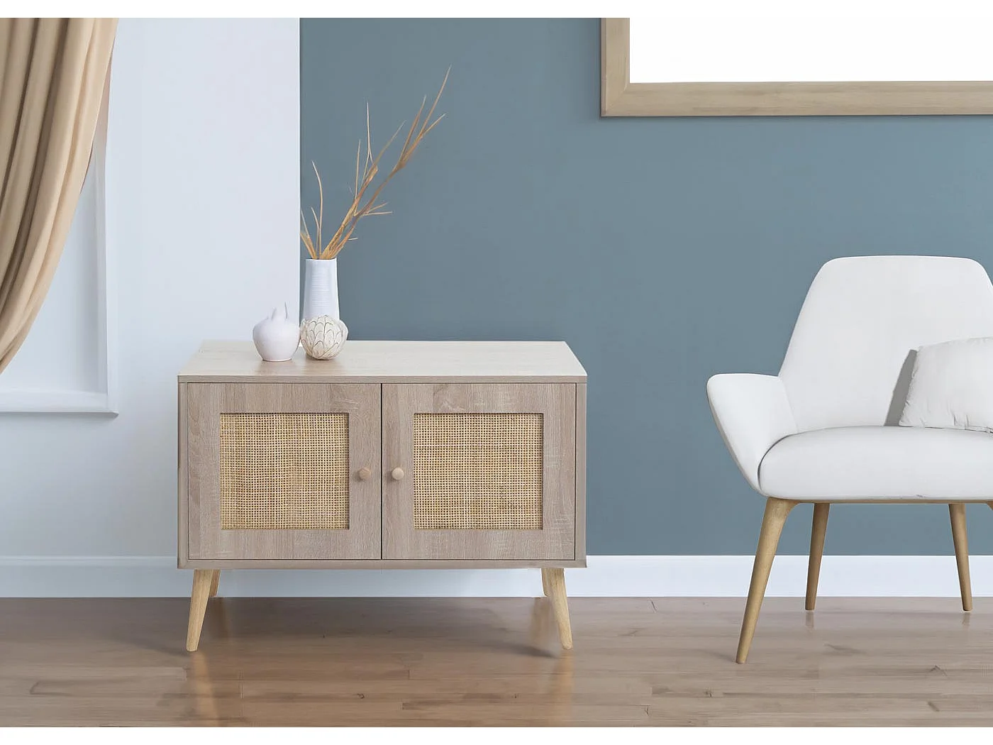 Comodino MCW-M40, credenza mobile alto, vani portaoggetti, melamina legno Kubu rattan, colore rovere