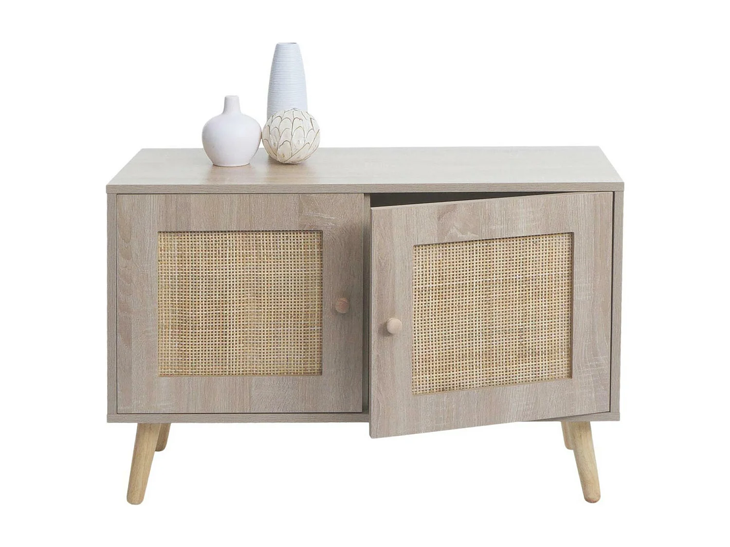 Comodino MCW-M40, credenza mobile alto, vani portaoggetti, melamina legno Kubu rattan, colore rovere