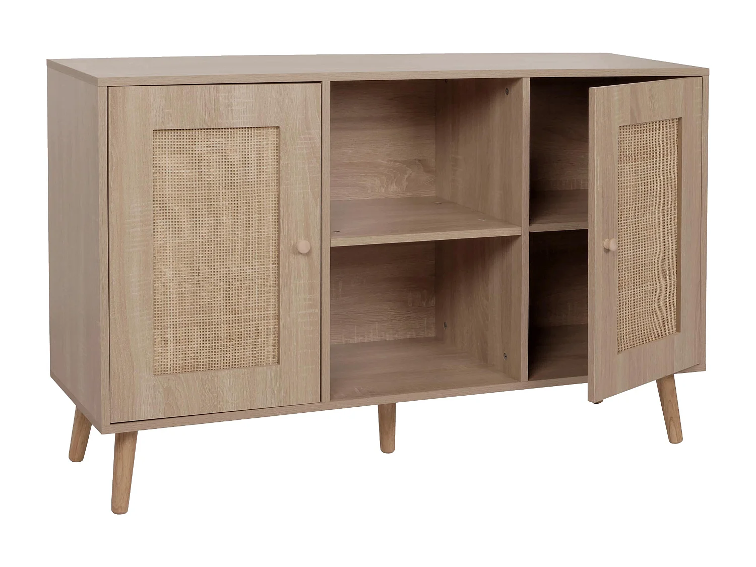 Credenza MCW-M42, mobile cassettiera alta, vani portaoggetti, melaminico Kubu rattan, aspetto rovere