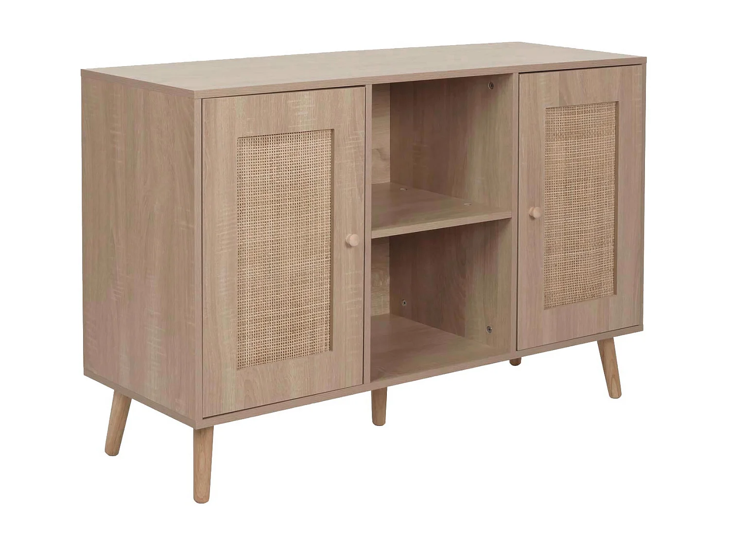 Credenza MCW-M42, mobile cassettiera alta, vani portaoggetti, melaminico Kubu rattan, aspetto rovere