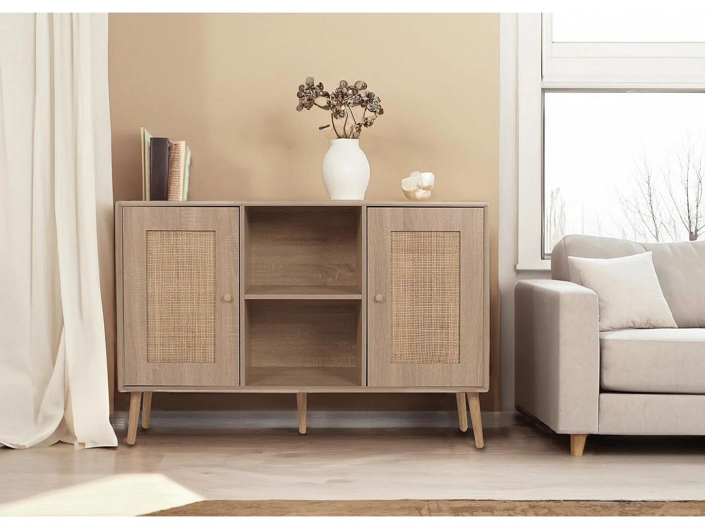 Credenza MCW-M42, mobile cassettiera alta, vani portaoggetti, melaminico Kubu rattan, aspetto rovere