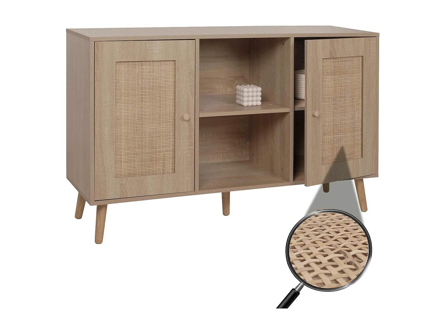 Credenza MCW-M42, mobile cassettiera alta, vani portaoggetti, melaminico Kubu rattan, aspetto rovere