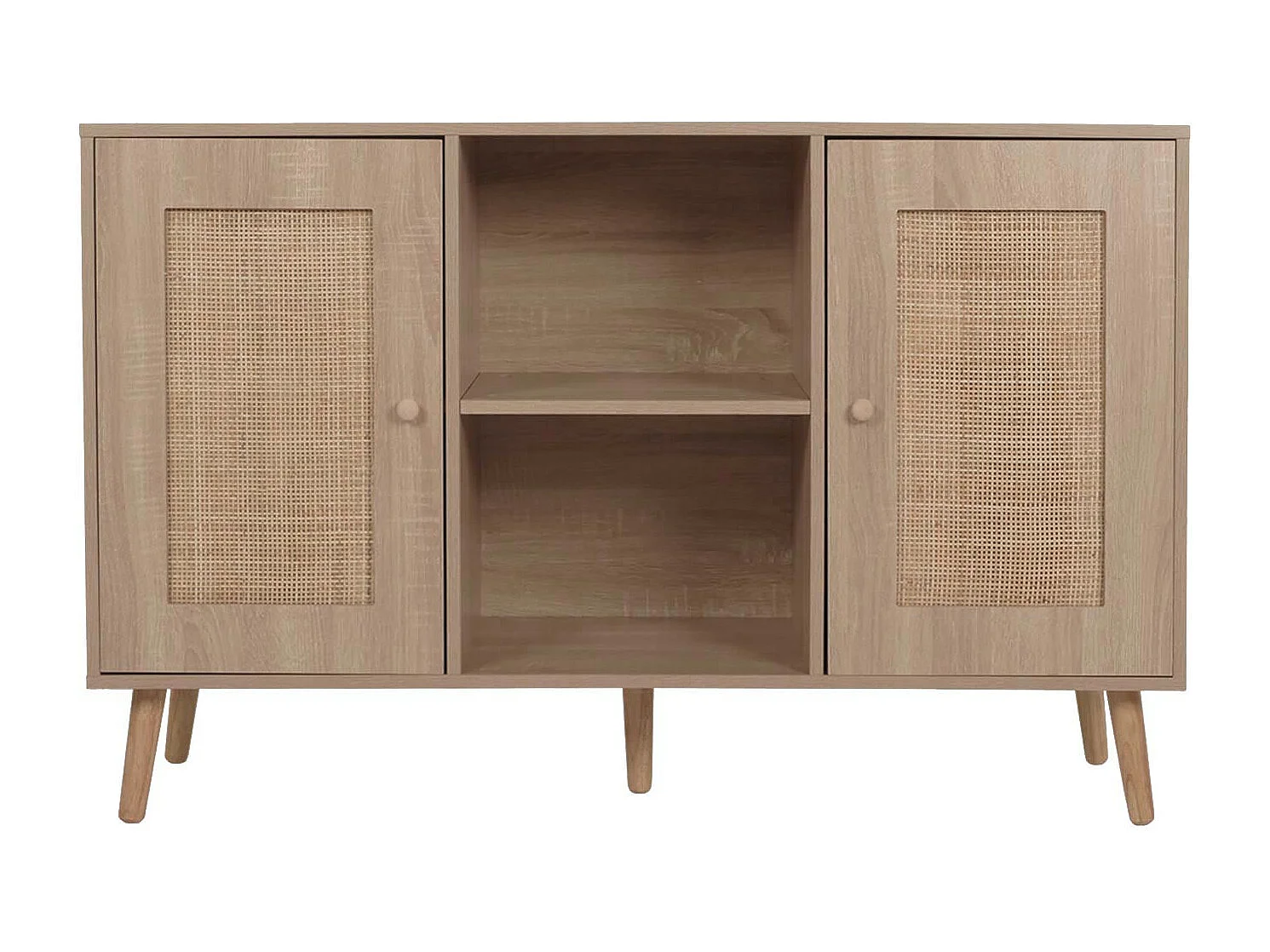 Credenza MCW-M42, mobile cassettiera alta, vani portaoggetti, melaminico Kubu rattan, aspetto rovere
