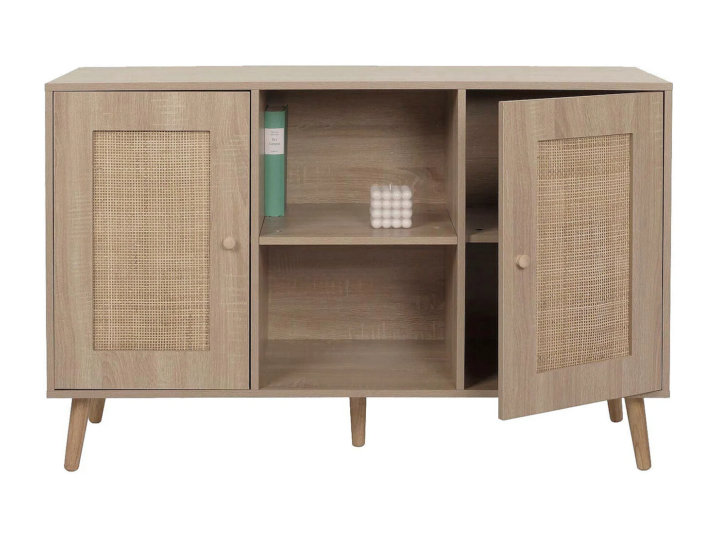 Credenza MCW-M42, mobile cassettiera alta, vani portaoggetti, melaminico Kubu rattan, aspetto rovere