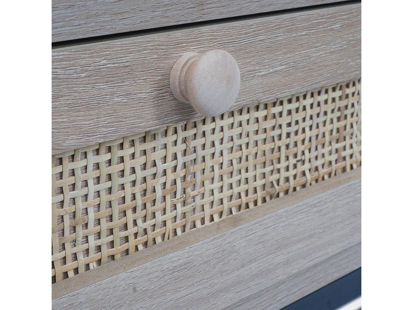 Tavolino da salotto MCW-M41 tavolo per divano, 2 cassetti, melamina legno di rattan Kubu, aspetto rovere