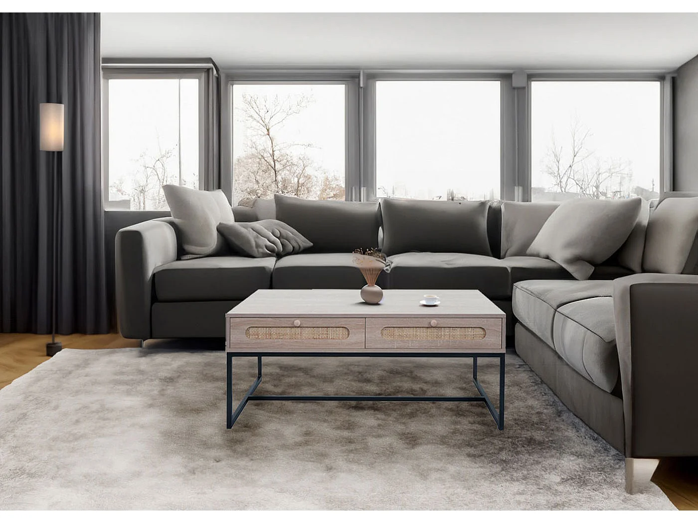 Tavolino da salotto MCW-M41 tavolo per divano, 2 cassetti, melamina legno di rattan Kubu, aspetto rovere