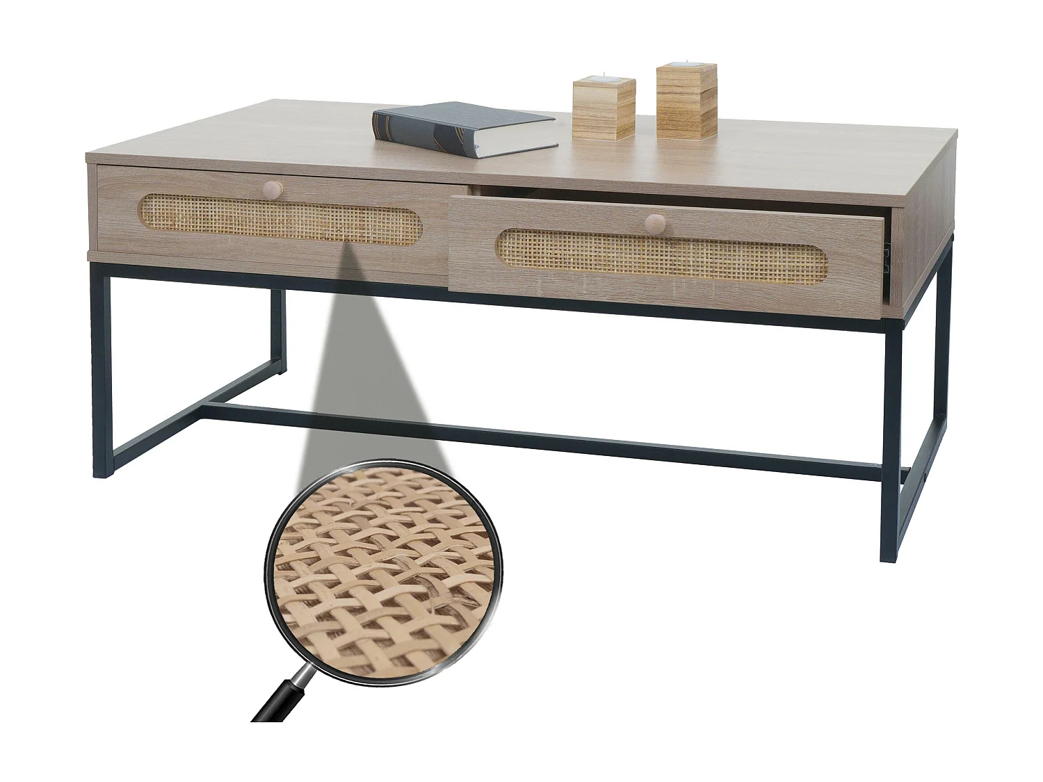 Tavolino da salotto MCW-M41 tavolo per divano, 2 cassetti, melamina legno di rattan Kubu, aspetto rovere