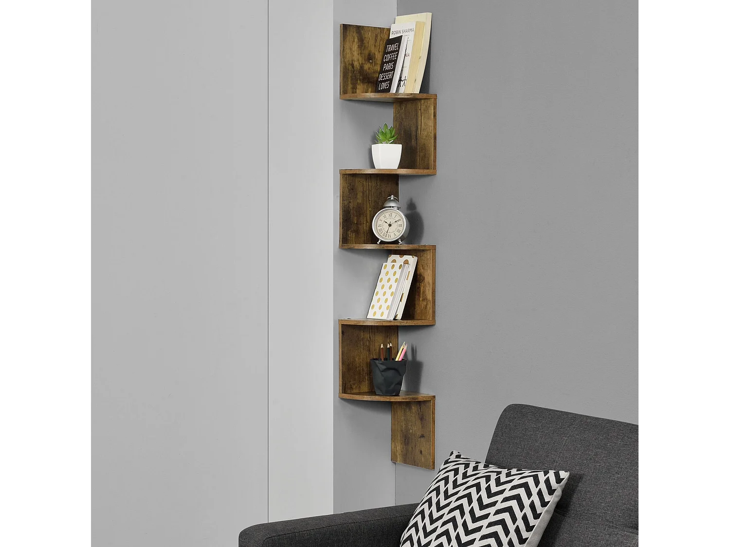 Étagère d'angle en forme effet bois marron 19.5 x 19.5 x 123 cm 03_0005172