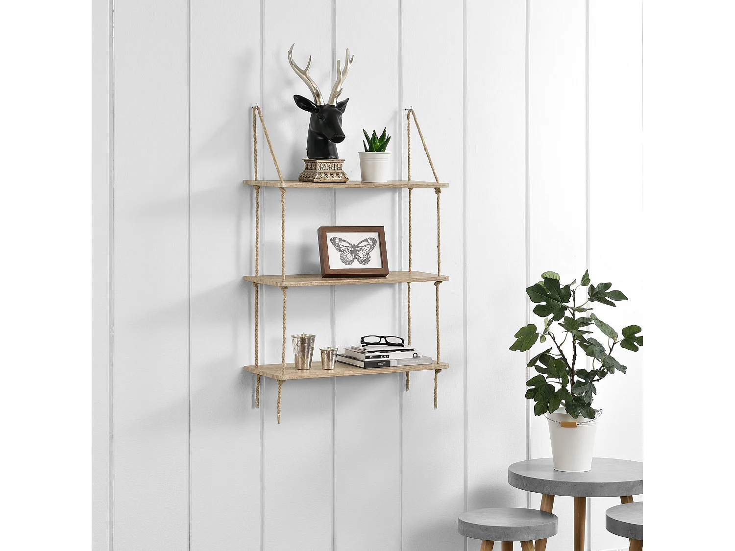 Mensola da parete con 3 ripiani con attacco in corda 60 cm aspetto legno 03_0001714