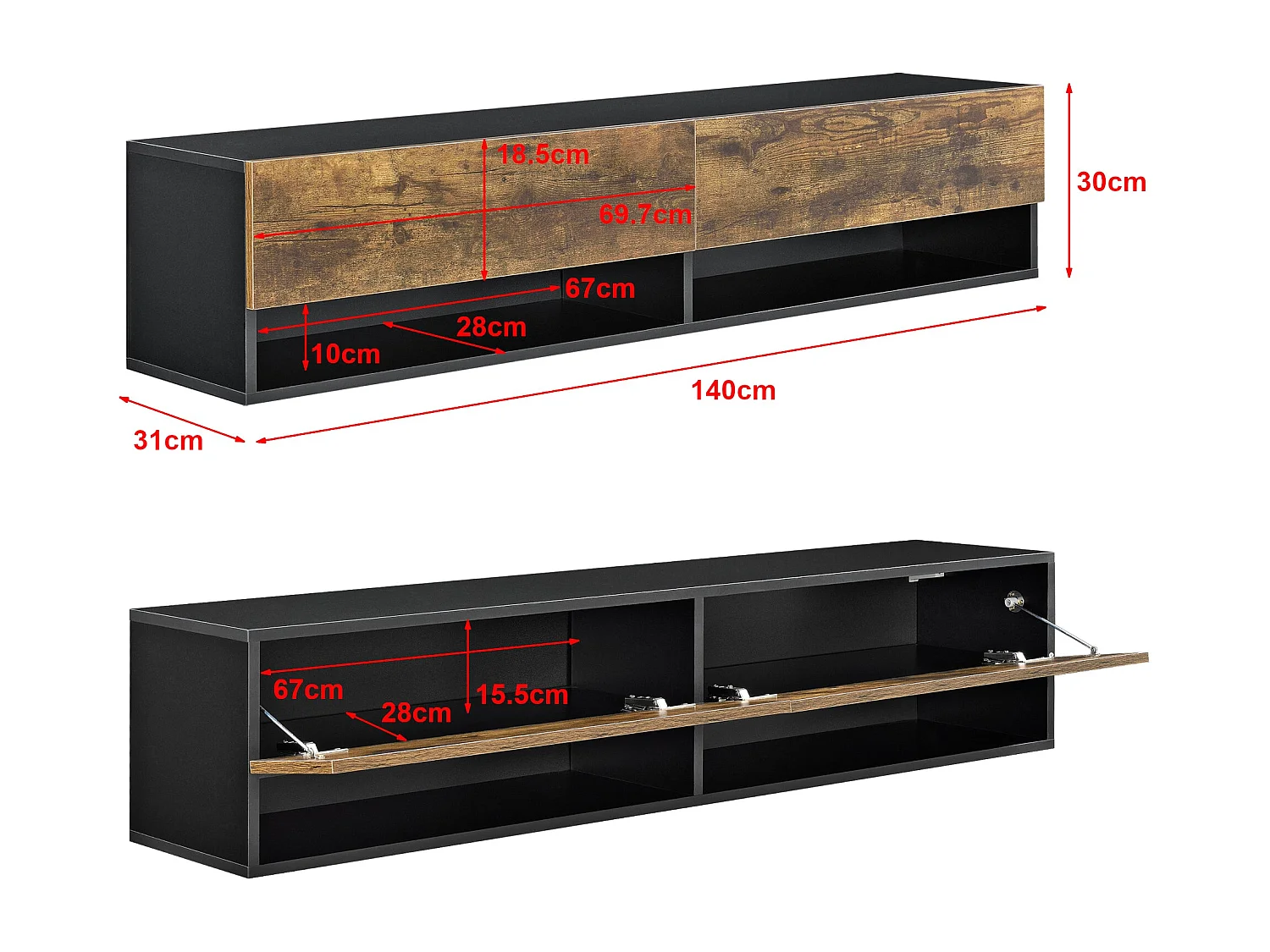 Mensola da parete di design con 2 ante porta TV portaoggetti 140 cm rovere moro nero 03_0005185