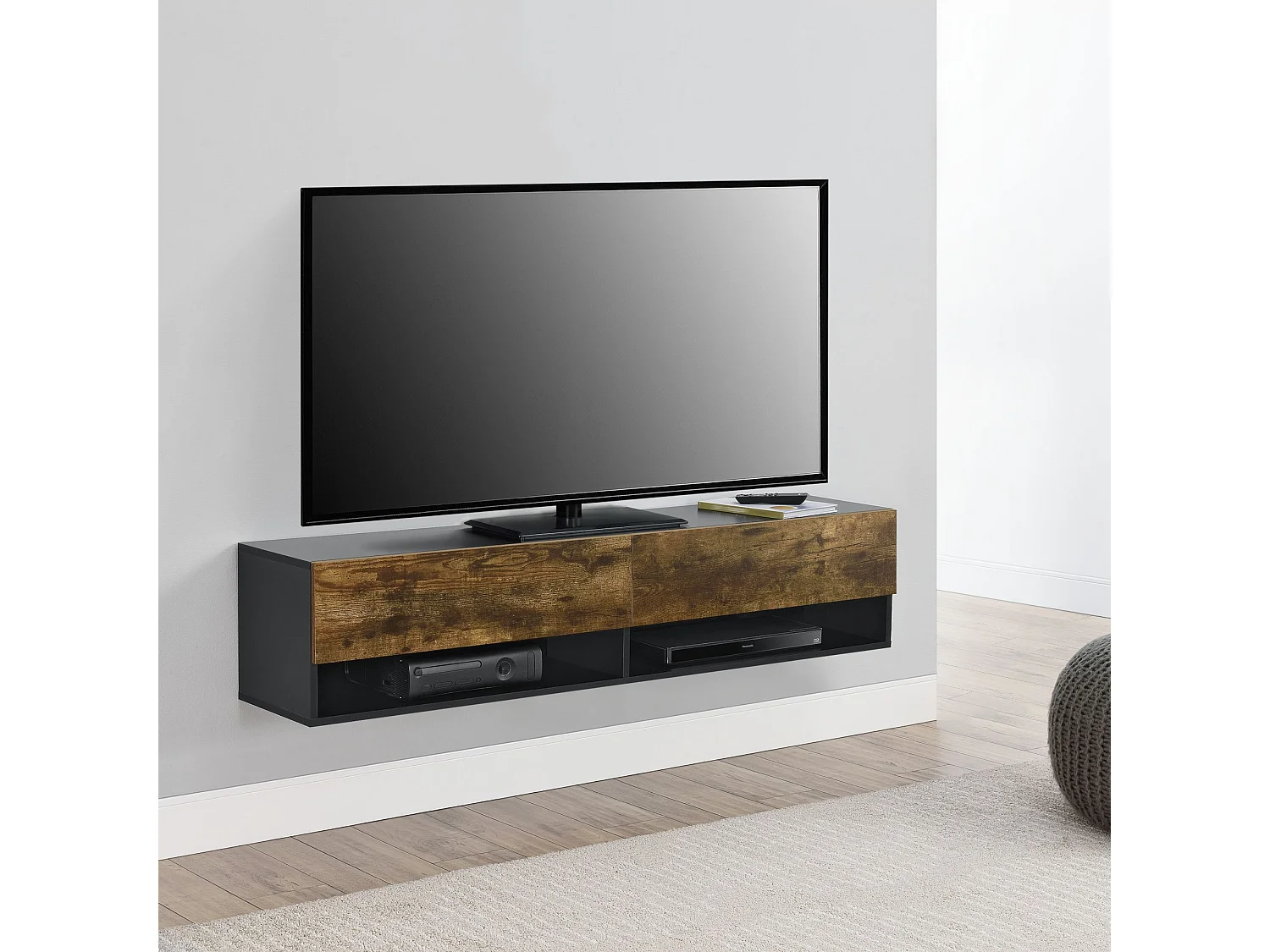 Mensola da parete di design con 2 ante porta TV portaoggetti 140 cm rovere moro nero 03_0005185