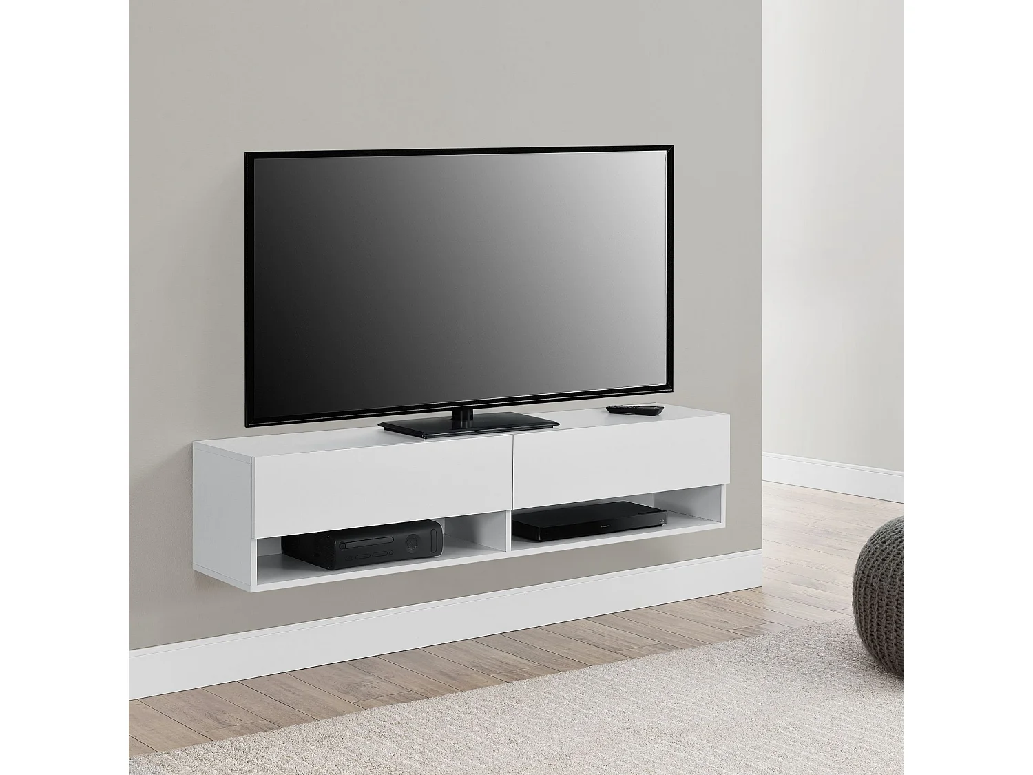 Estante de pared 2 cajones puertas mueble soporte TV 140 cm blanco 03_0005184