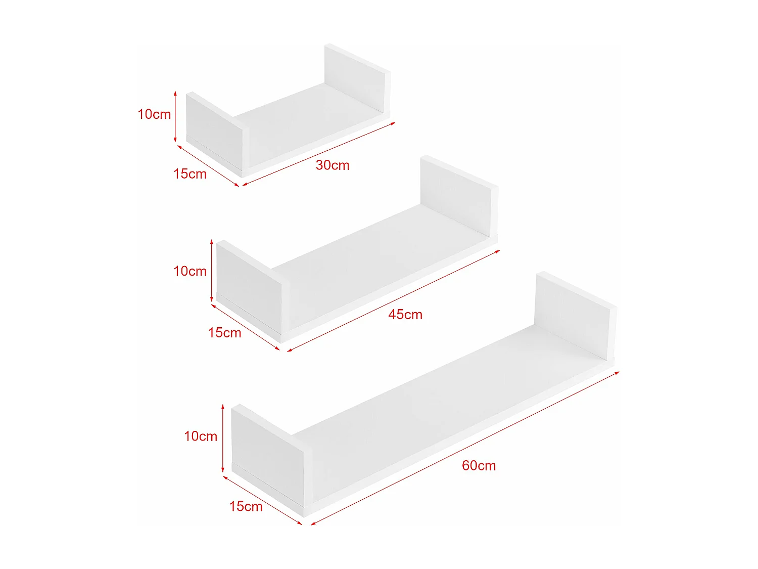Juego de 3 estantes de pared Juego de estantes flotantes en diferentes tamaños Capacidad de carga 6 kg Blanco mate 03_0005795