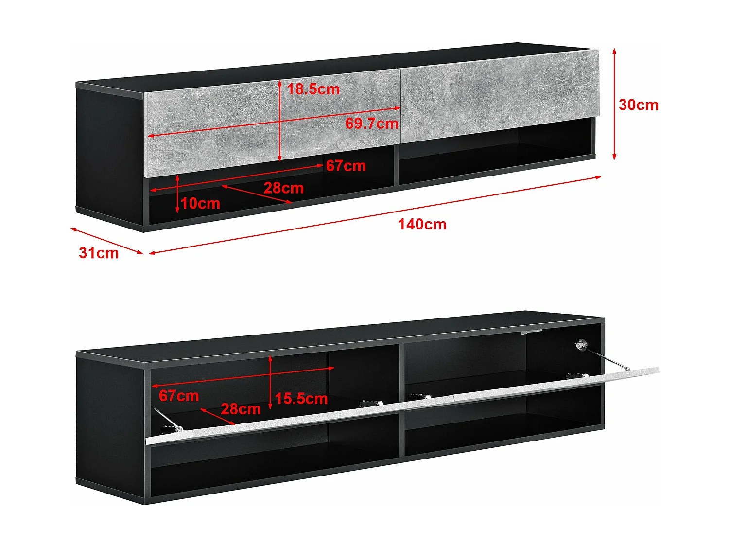 Mensola a muro 2 ante porta TV portaoggetti 140 cm nero effetto cemento 03_0005186