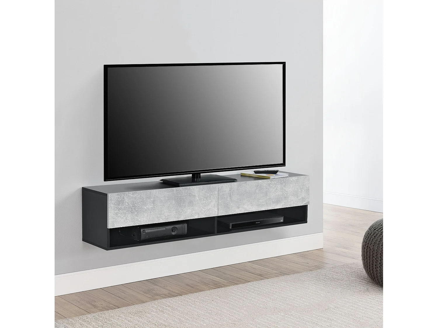 Mensola a muro 2 ante porta TV portaoggetti 140 cm nero effetto cemento 03_0005186