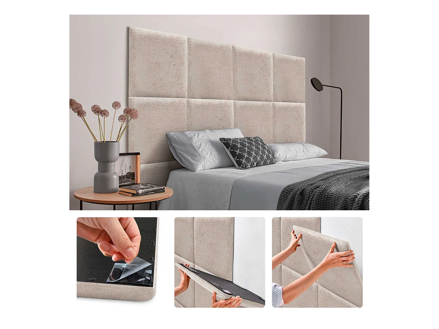 DHOME Lot de 6 panneaux muraux acoustiques auto-adhésifs en laine écologique protection absorbante contre les chocs (Beige, 60 x 60 cm, x6)