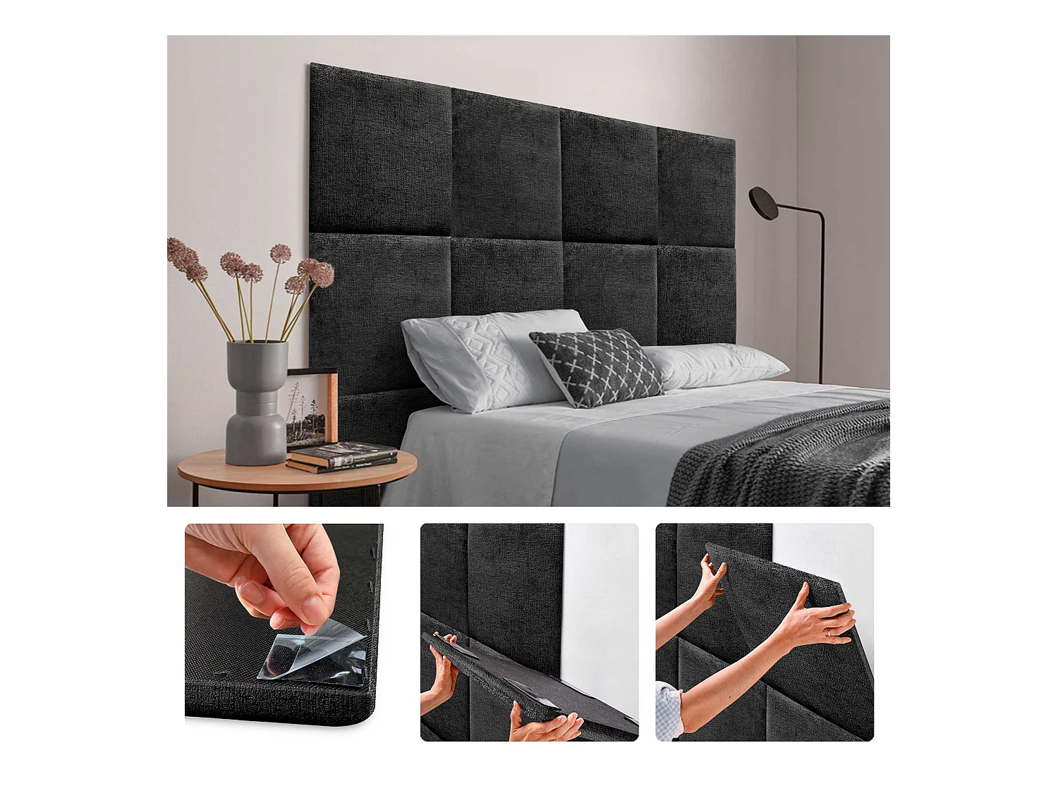 DHOME Lot de 4 panneaux muraux acoustiques auto-adhésifs en laine écologique protection absorbante contre les chocs (Noir, 60 x 60 cm, x4)