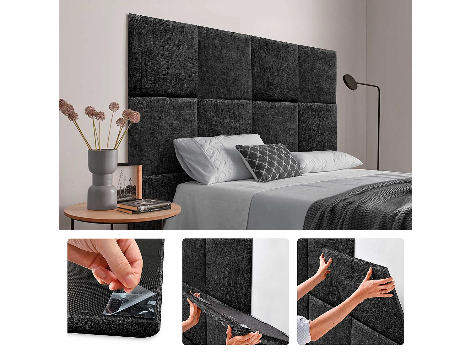 DHOME Set di 4 pannelli imbottiti in lana ecologica Pannelli acustici autoadesivi per pareti Protezione dagli urti (nero, 60x60cm, x4)