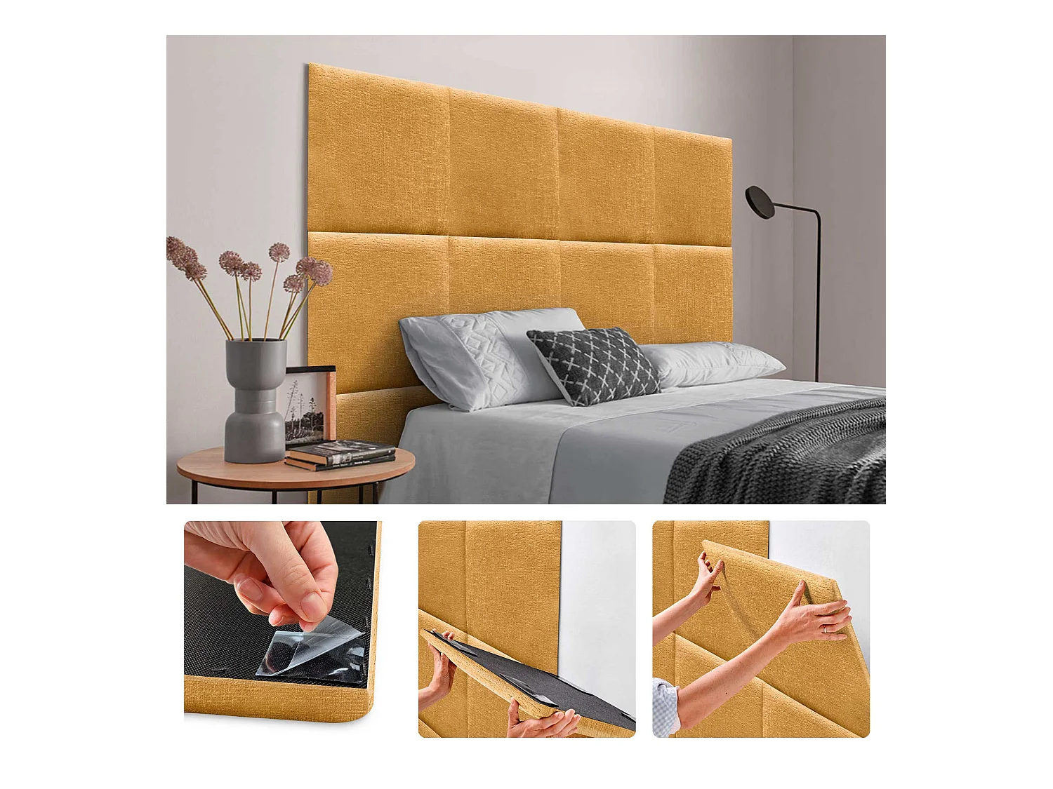 DHOME Lot de 4 panneaux muraux acoustiques auto-adhésifs en laine écologique protection absorbante contre les chocs (Moutarde, 60 x 60 cm, x4)