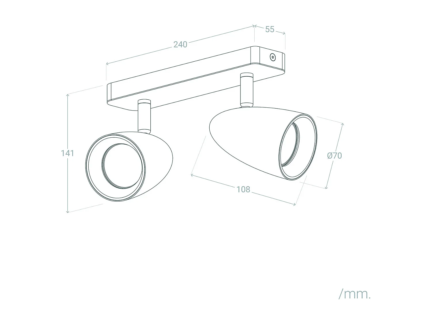 Plafonnier Aluminium Rectangulaire Adrien 2 Spots Gris Pierre