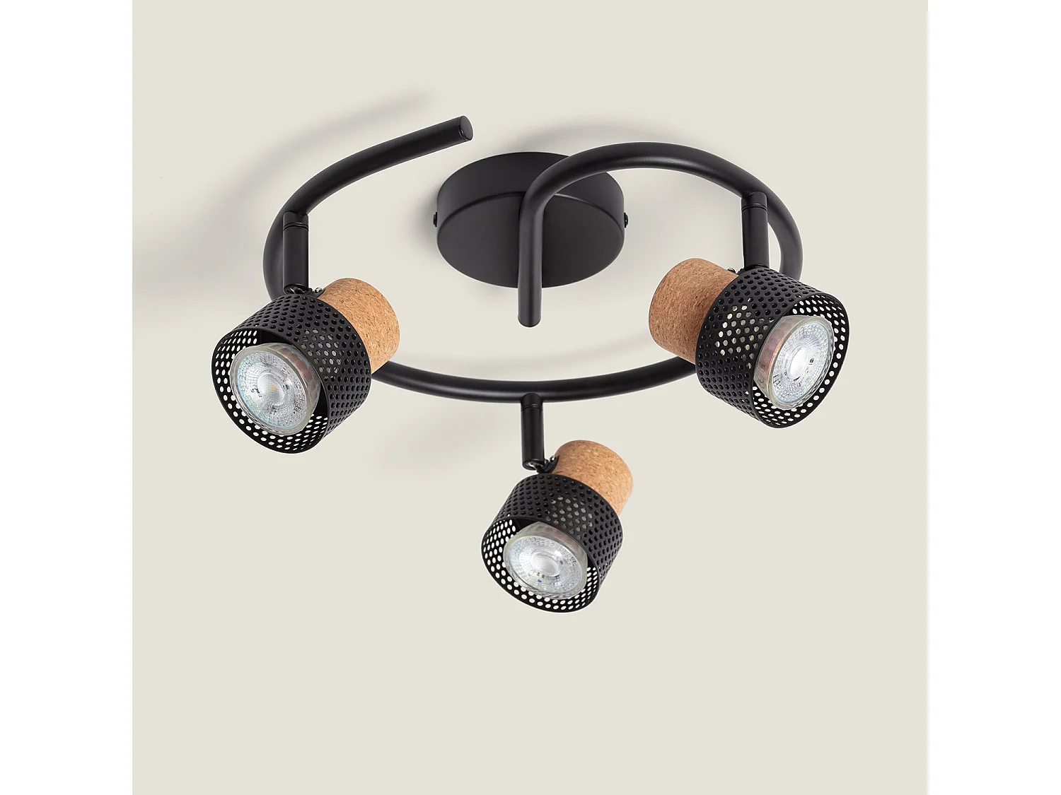 Lampada da Soffitto Metallo e Sughero Tre faretti Liksy Nero
