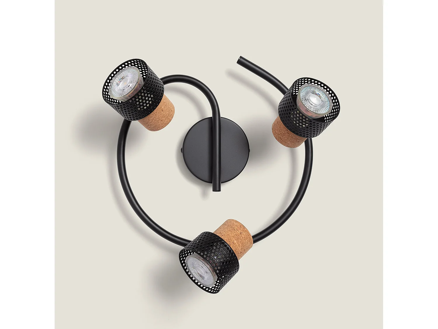 Lampada da Soffitto Metallo e Sughero Tre faretti Liksy Nero