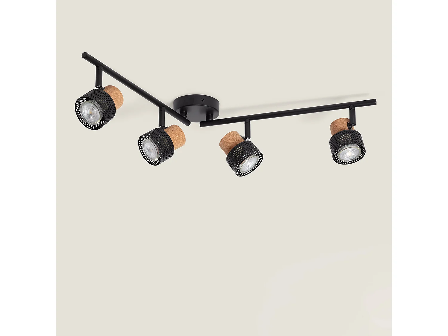 Lampada da Soffitto Metallo e Sughero Quattro Faretti Liksy Nero