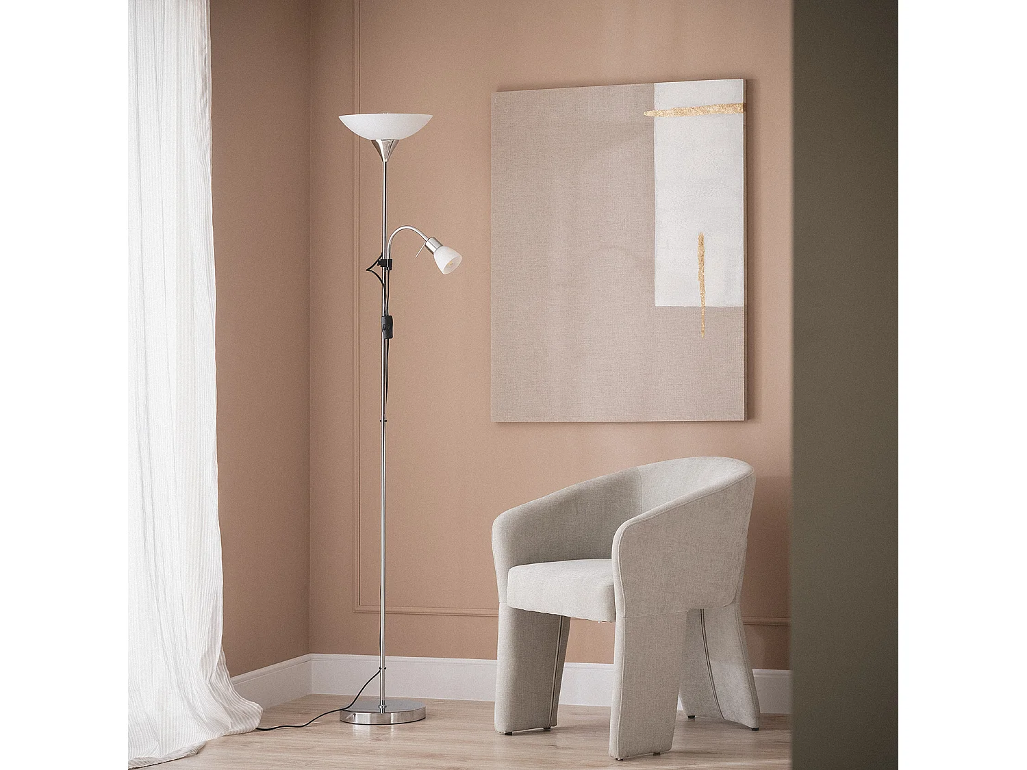 Lampadaire avec LED de Lecture Métal et Verre Ussel Argenté