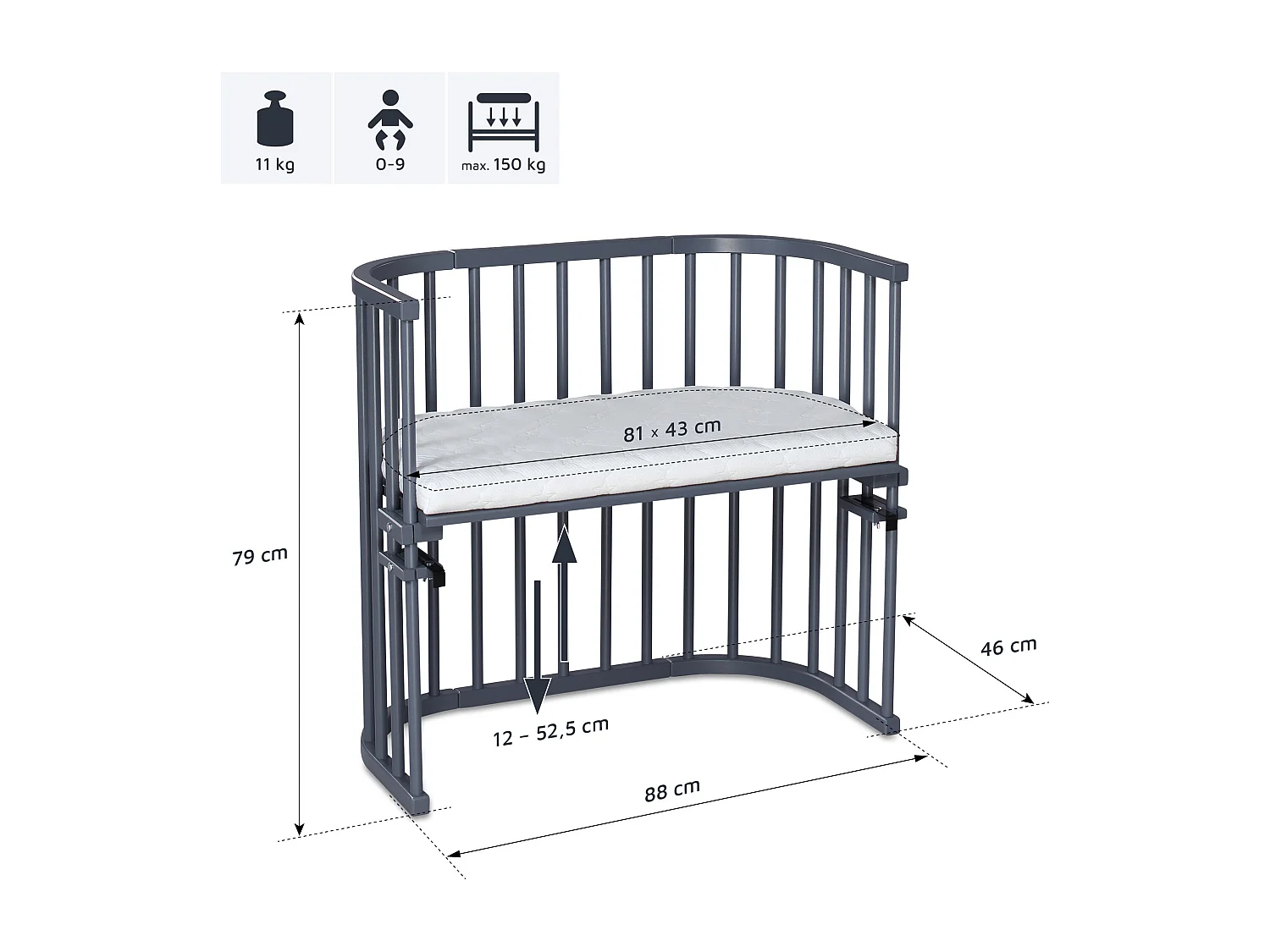 Cuna con colchón Cododo - BabyBay Original Gris