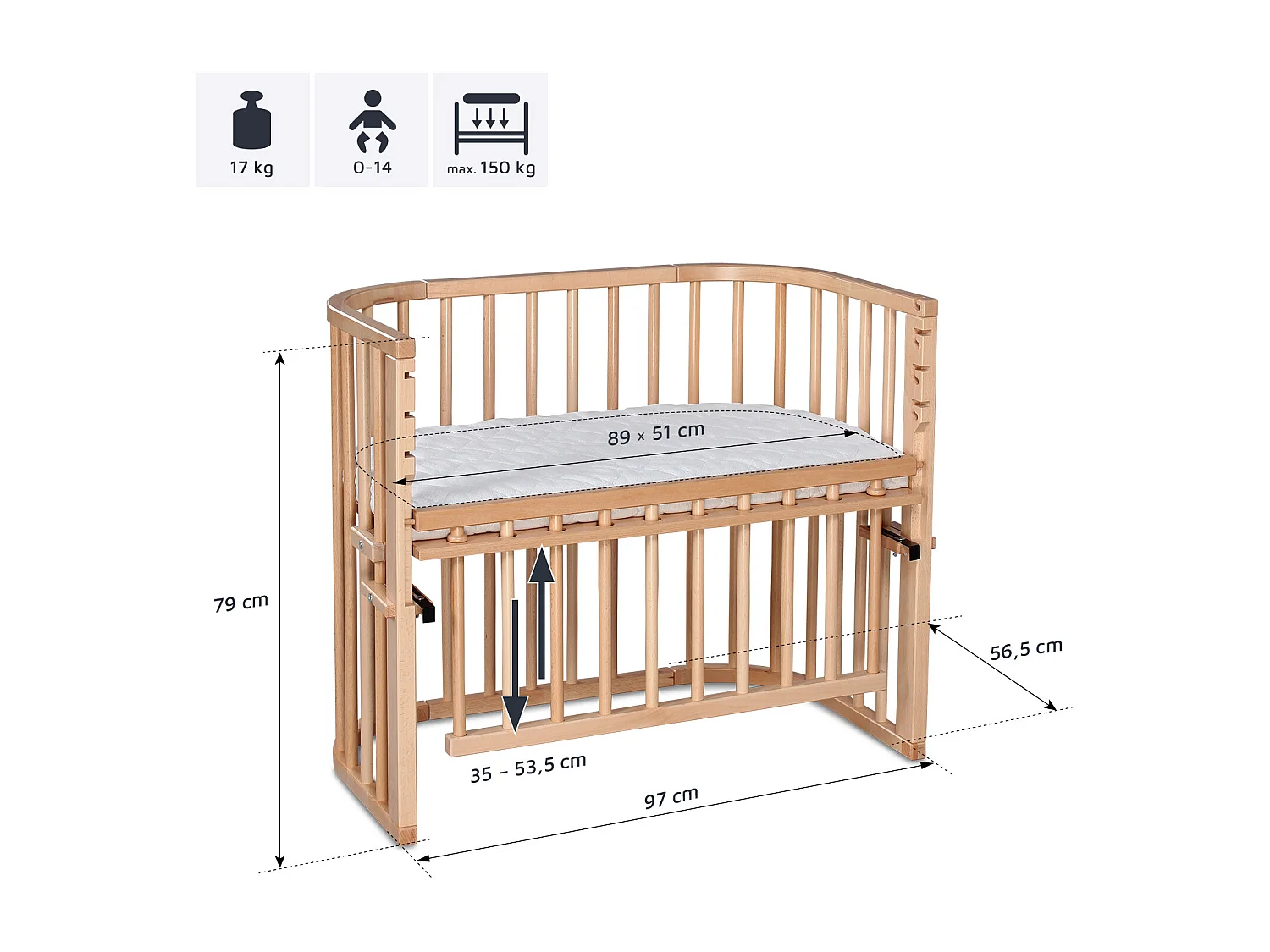 Großes Cododo Wiegenbett aus Naturholz mit Matratze - Maxi Comfort +
