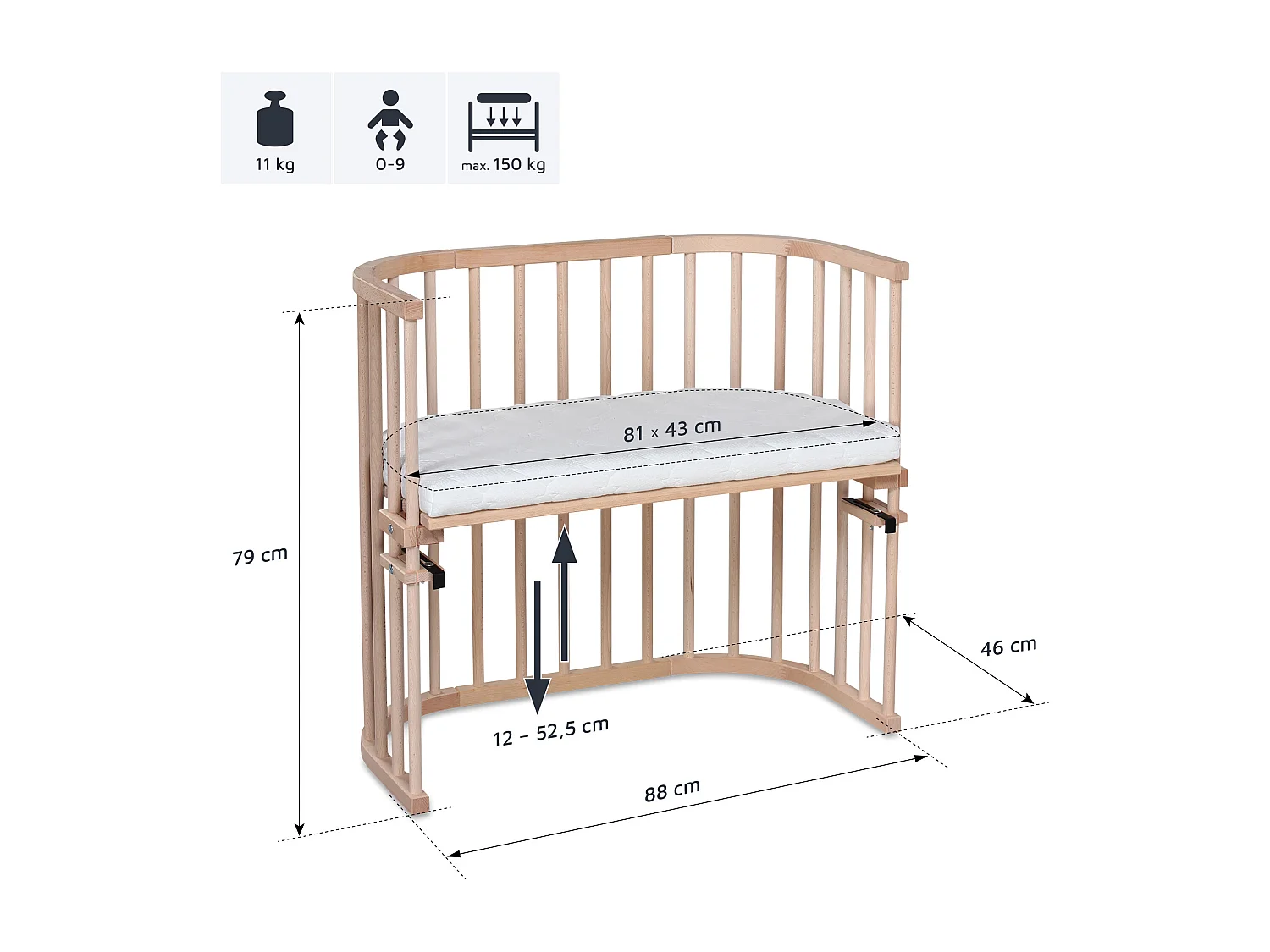 Cuna Cododo con colchón BabyBay Original en Madera Natural