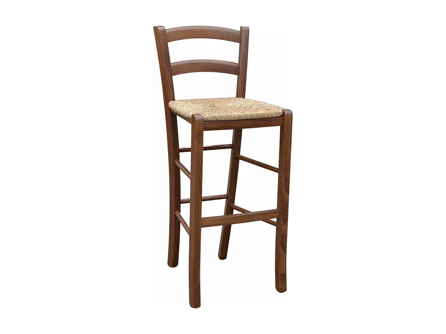 Tabouret Venise en bois de noyer foncé h 73 avec assise en paille