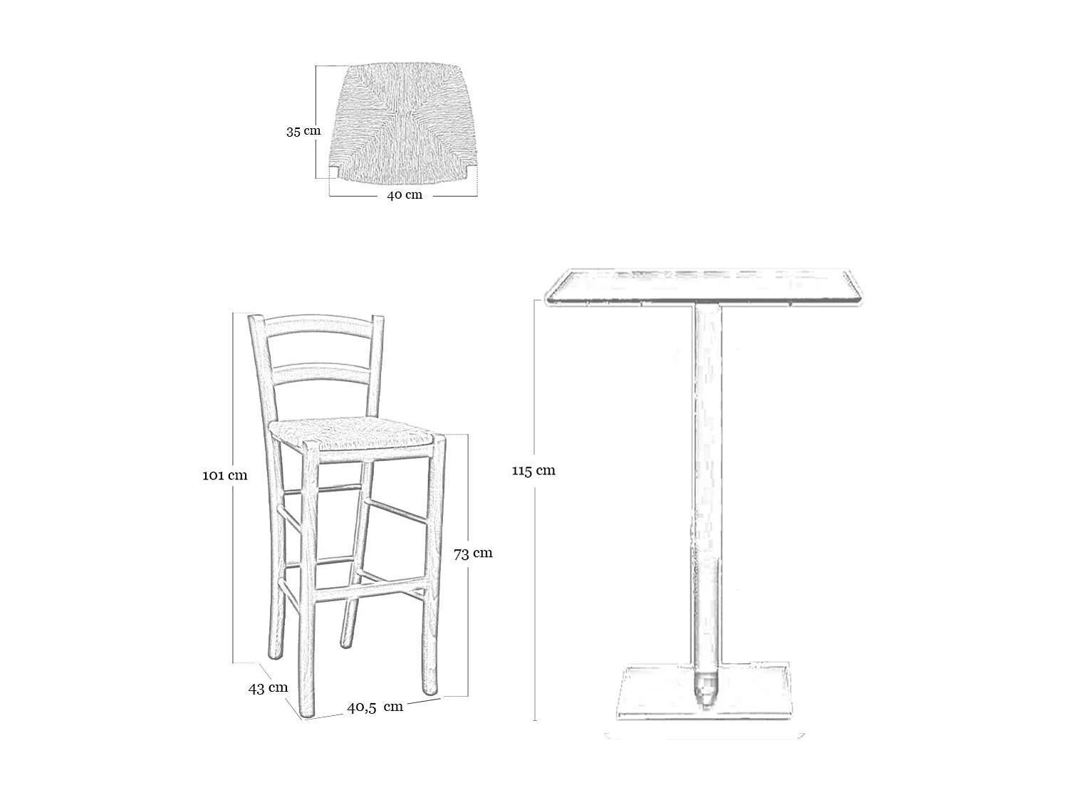 Tabouret Venise en bois de noyer foncé h 73 avec assise en paille