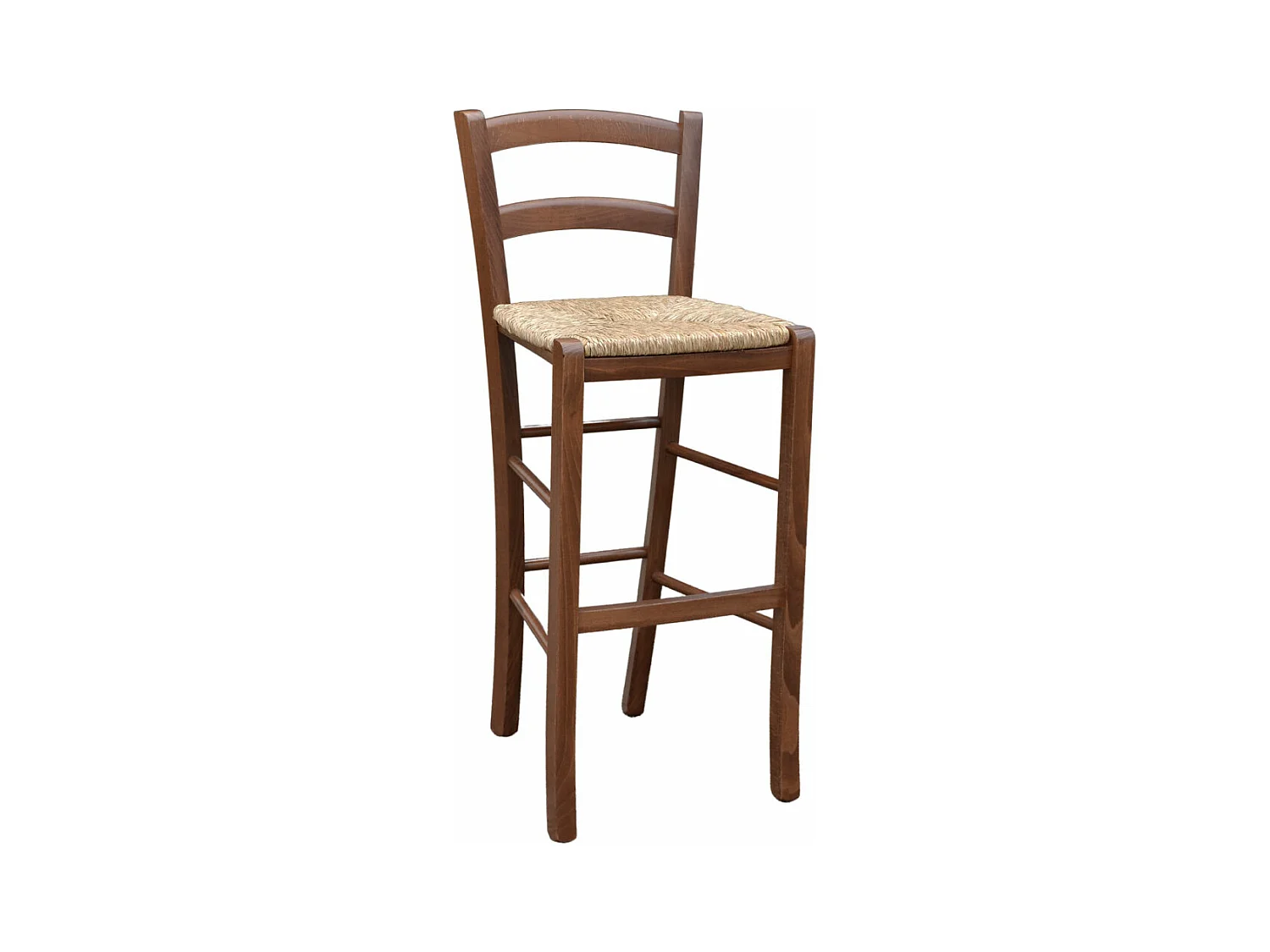 Taburete Venecia en madera de nogal oscuro h 73 con asiento de paja