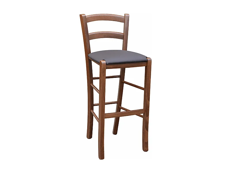 Tabouret Venice en bois de noyer foncé h 73 avec assise rembourrée marron