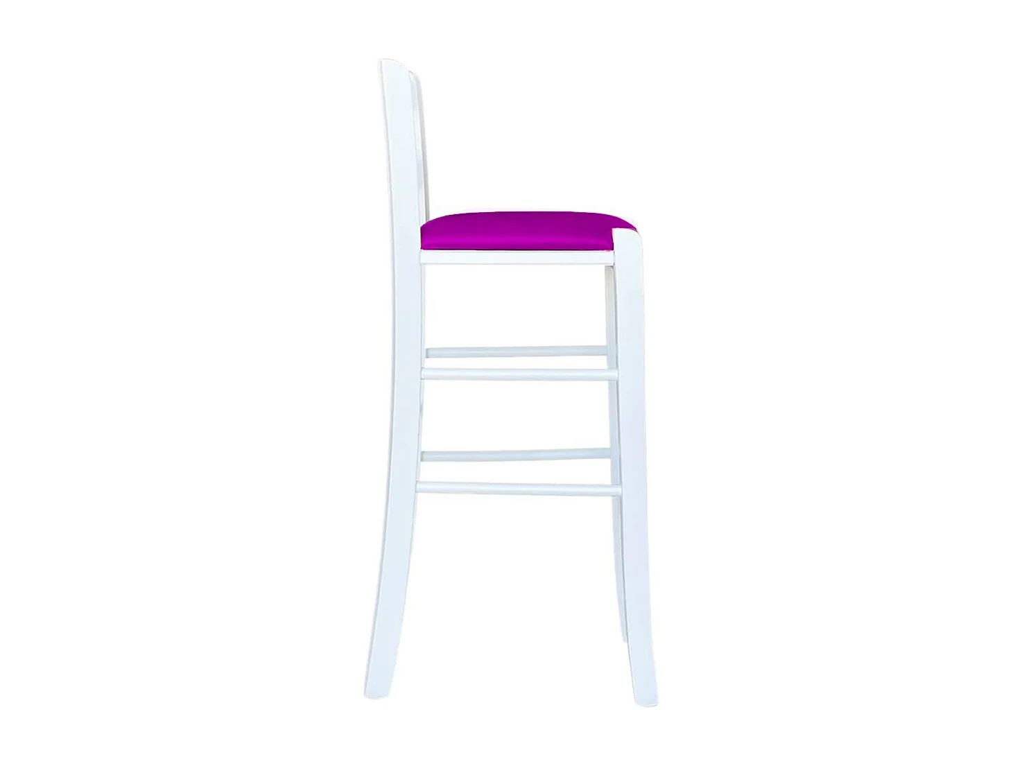 Tabouret en bois blanc avec assise en simili cuir lilas, hauteur 67 cm du sol à l'assise