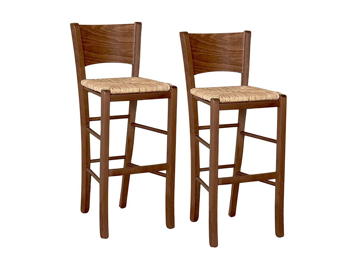 Tabourets de bar Lucy en bois de noyer foncé h 73 cm avec assise en paille de riz x 2