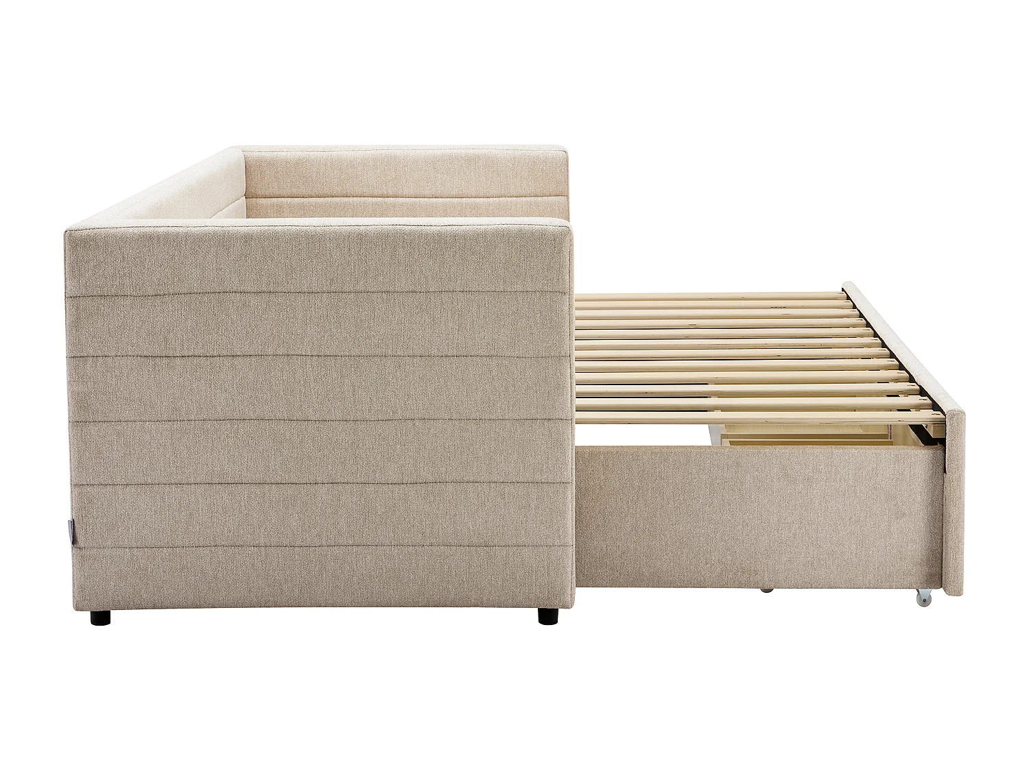 Łóżko wysuwane 2 x 80 x 200 cm - Z rozsuwanym stelażem i szufladami - Teksturowana tapicerka - Beżowy + Materac - CAMITY