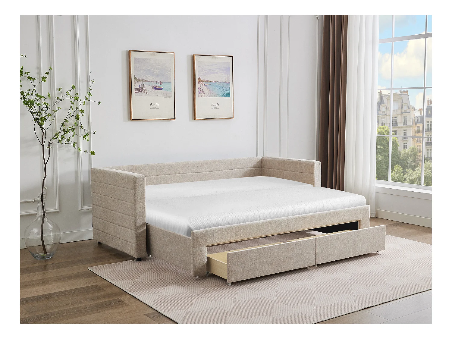Lit gigogne 2 x 80 x 200 cm - Avec sommier peigne et tiroirs - Tissu texturé - Beige + Matelas - CAMITY