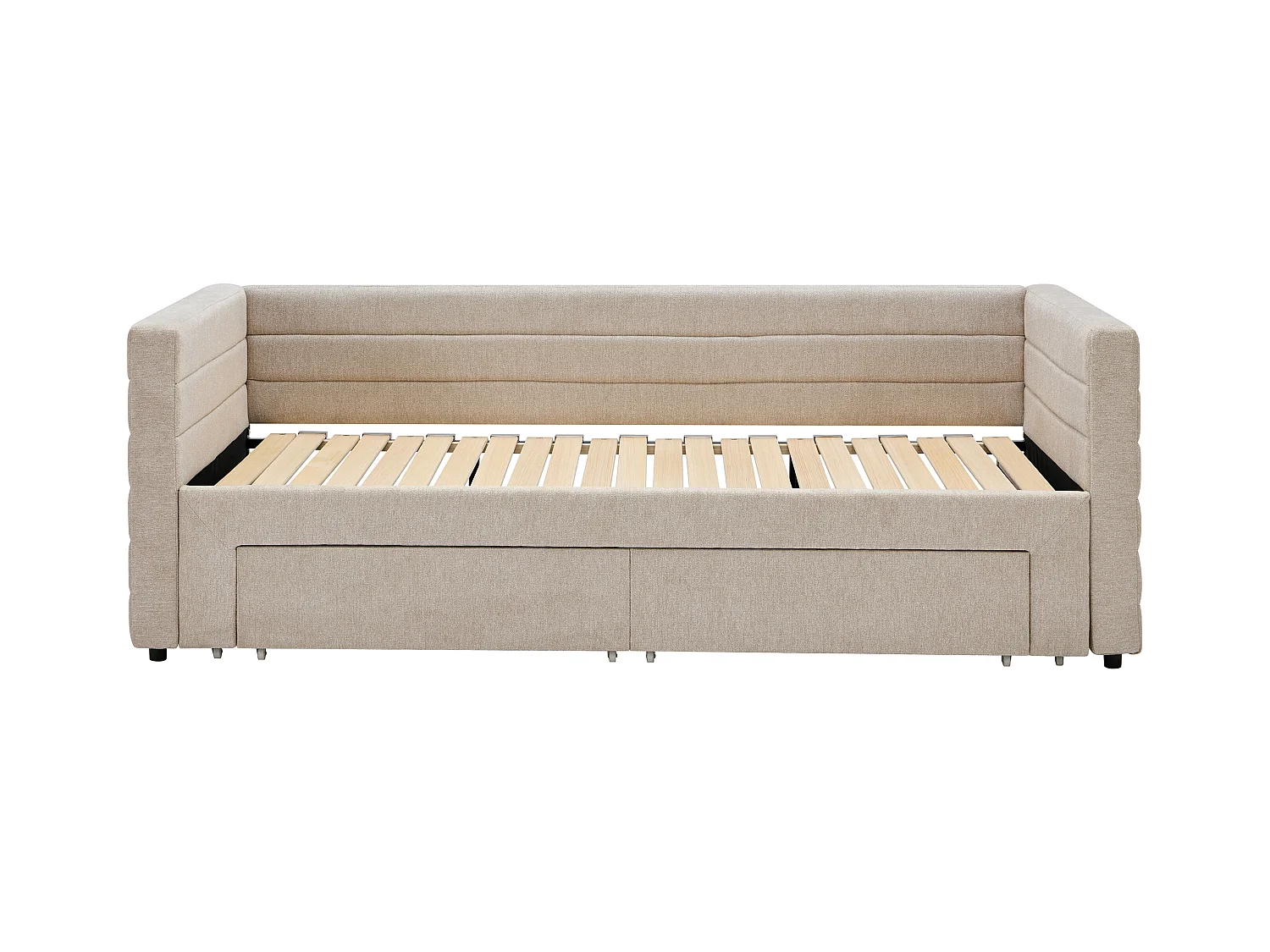 Lit gigogne 2 x 80 x 200 cm - Avec sommier peigne et tiroirs - Tissu texturé - Beige + Matelas - CAMITY