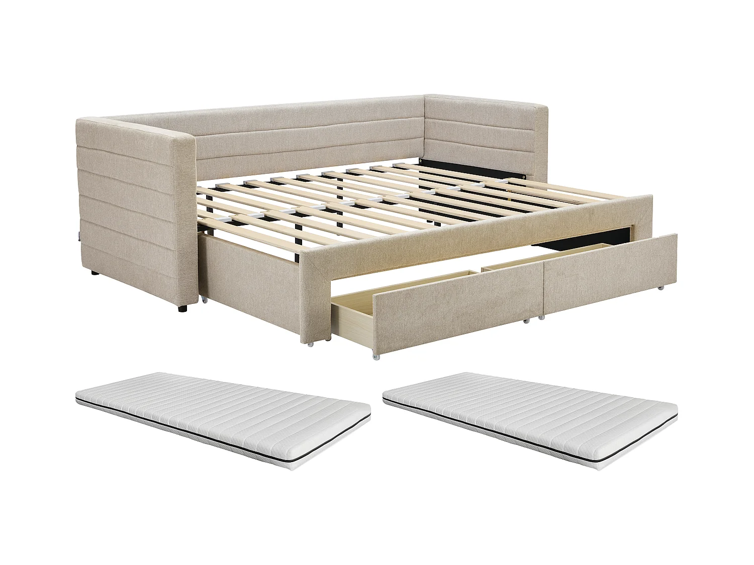Lit gigogne 2 x 80 x 200 cm - Avec sommier peigne et tiroirs - Tissu texturé - Beige + Matelas - CAMITY