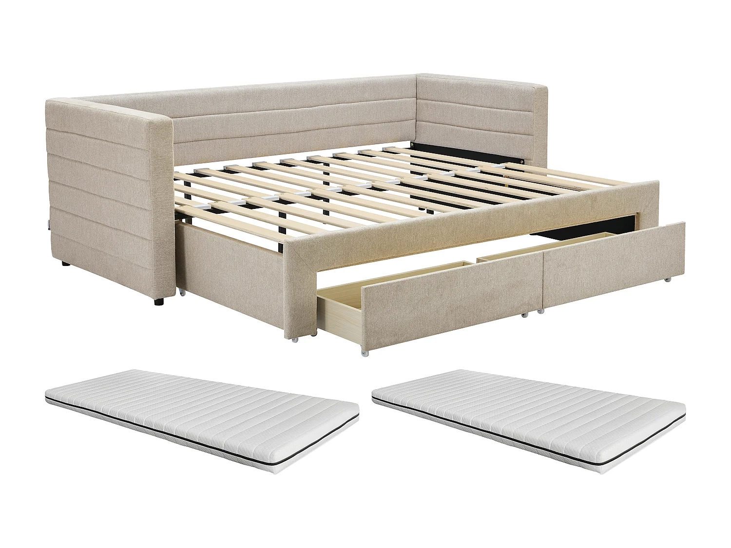 Lit gigogne 2 x 80 x 200 cm - Avec sommier peigne et tiroirs - Tissu texturé - Beige + Matelas - CAMITY