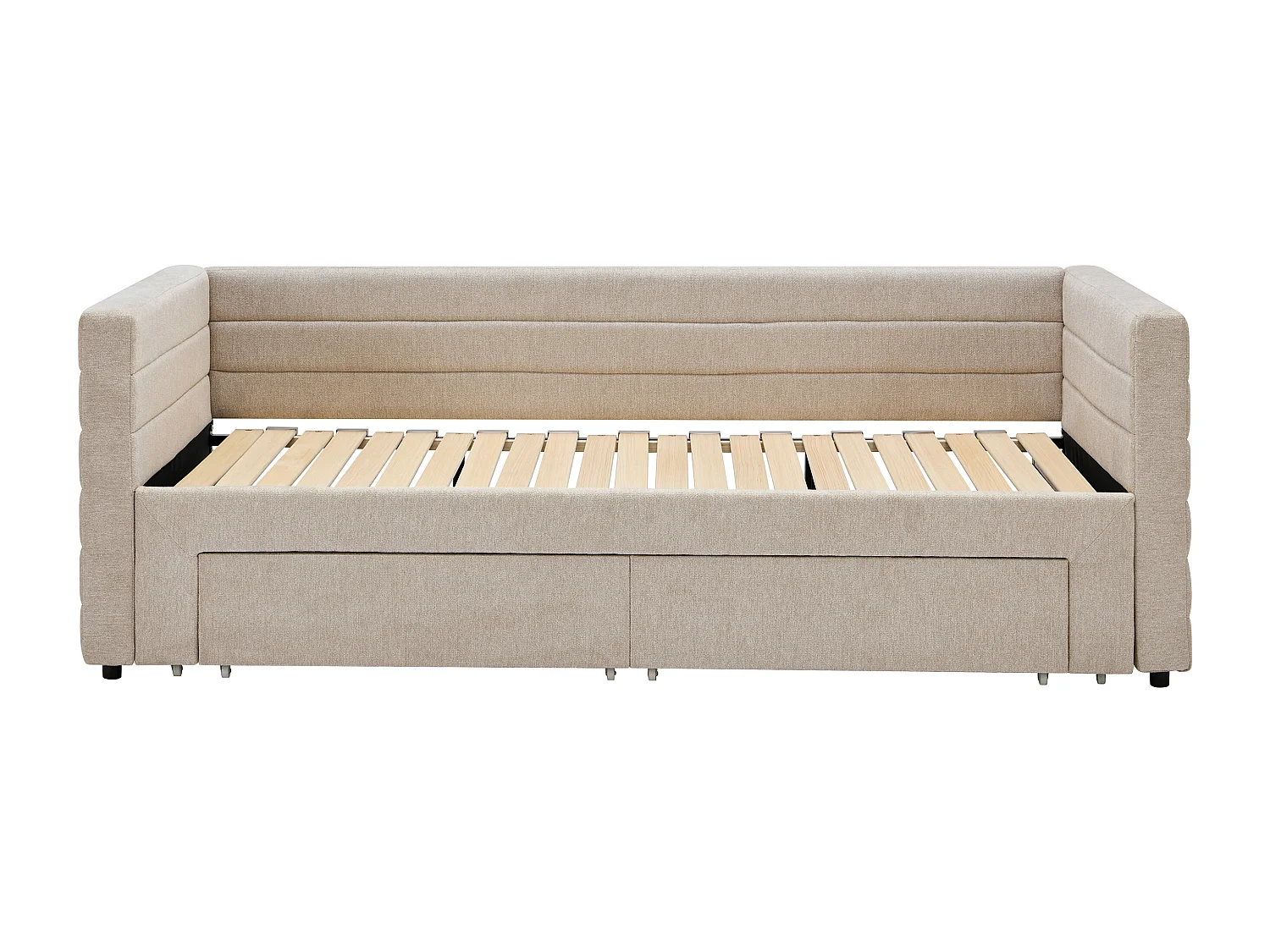 Lit gigogne 2 x 80 x 200 cm - Avec sommier peigne et tiroirs - Tissu texturé - Beige + Matelas - CAMITY