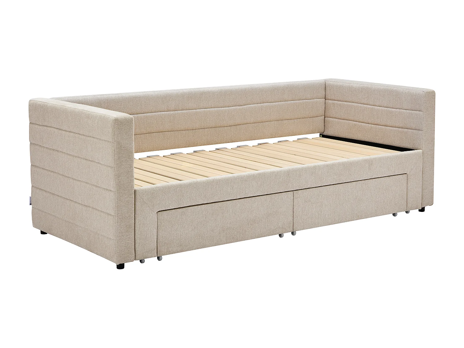 Lit gigogne 2 x 80 x 200 cm - Avec sommier peigne et tiroirs - Tissu texturé - Beige + Matelas - CAMITY