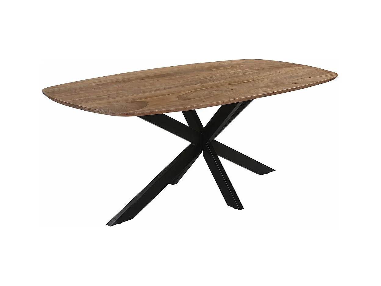ROMANE - Table Repas 200cm Plateau Ovale en Acacia Massif Pieds Métal Noir